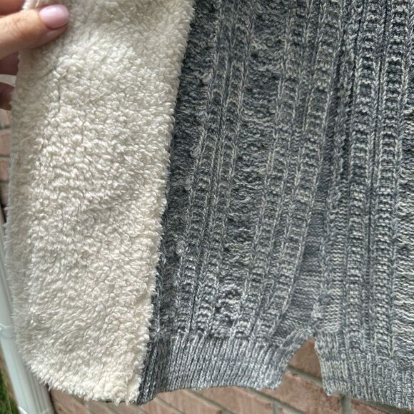 Gray and Cream Cable Knit Cardigan Sweater Hoodie - Picture 2 of 6